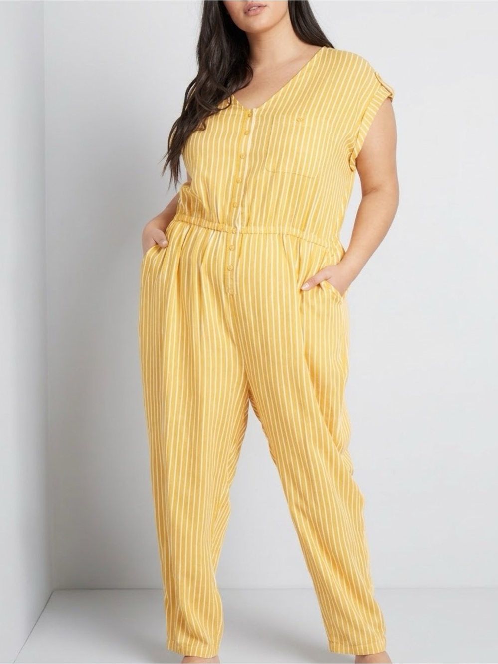 ModCloth Linen Blend Striped V Neck Button Front Jumpsuit | Mustard / White | 2X